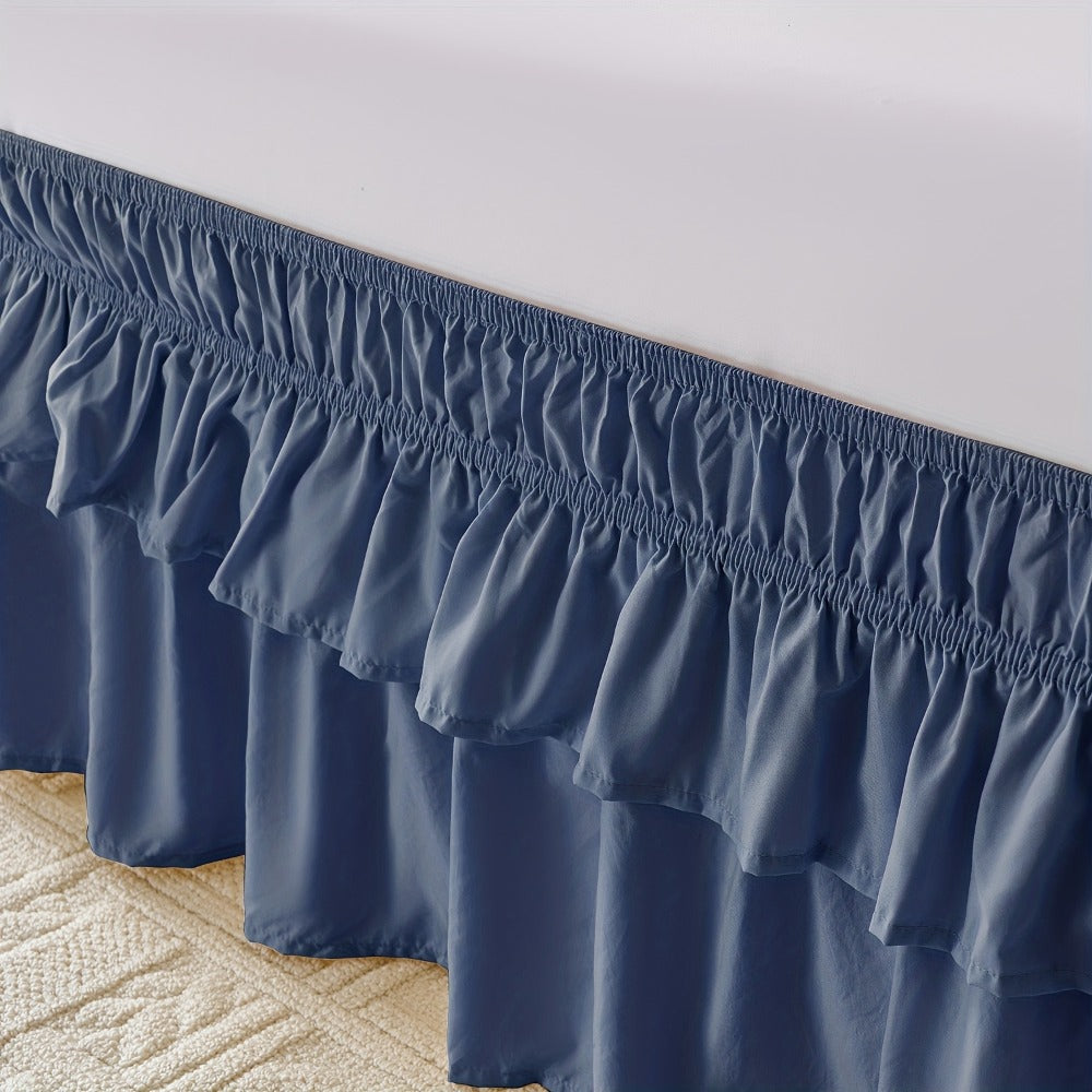 Double Ruffle Bed Skirt 16" Drop | Elastic Wrap Around Dust Ruffle for Twin Full Queen King Bed | Easy Install Machine Washable Soft Linen Poly Blend Bedskirt