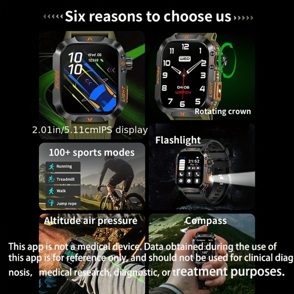 2.01" HD Compass Smartwatch for Men Women – Wireless Calling Outdoor Adventure Watch with LED Flashlight Fitness Tracker Pedometer Calorie Counter Long Battery Life Compatible with Android iPhone Couples Gift