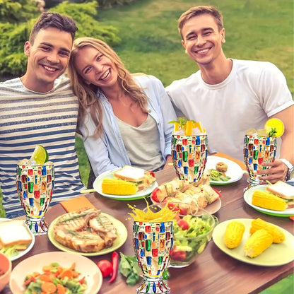 Mosaic-Pattern Drinking Glasses with Footed Bases, Two- or Six-Piece Colorful Goblet Sets for Table Settings