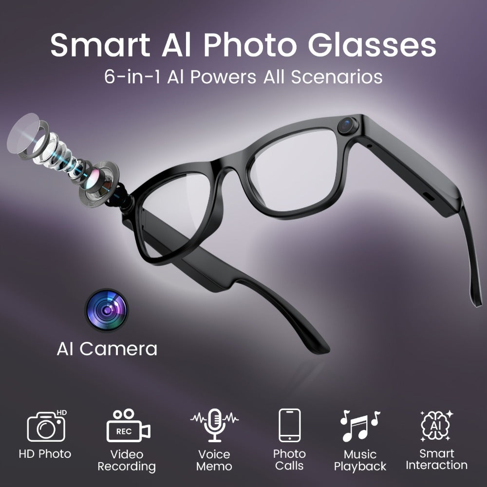 Smart Glasses 2MP Camera Eyewear with 100+ Language Translation, Bluetooth Calls and Black or Clear Lenses
