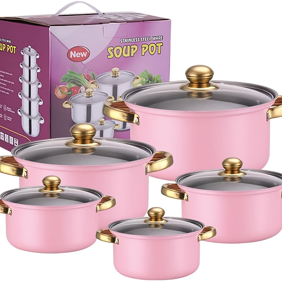 Stainless Steel Deep Pot Cookware Set 10 & 12 Piece with Lids & Dual Handles – Oven Safe Soup Hot Pot Pasta Seafood Stew Pots | Silver Pink Gold | Home Restaurant Cooking Gift Set
