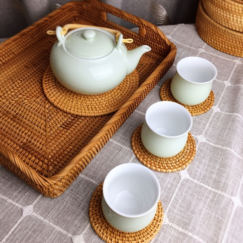 Six-Piece Round Rattan Woven Coaster Set, 3.93-Inch Drink Mats in Natural Khaki for Tabletop Display