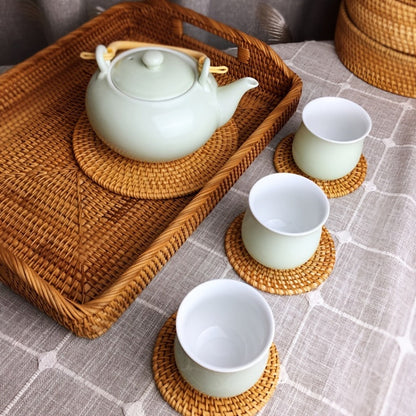Six-Piece Round Rattan Woven Coaster Set, 3.93-Inch Drink Mats in Natural Khaki for Tabletop Display