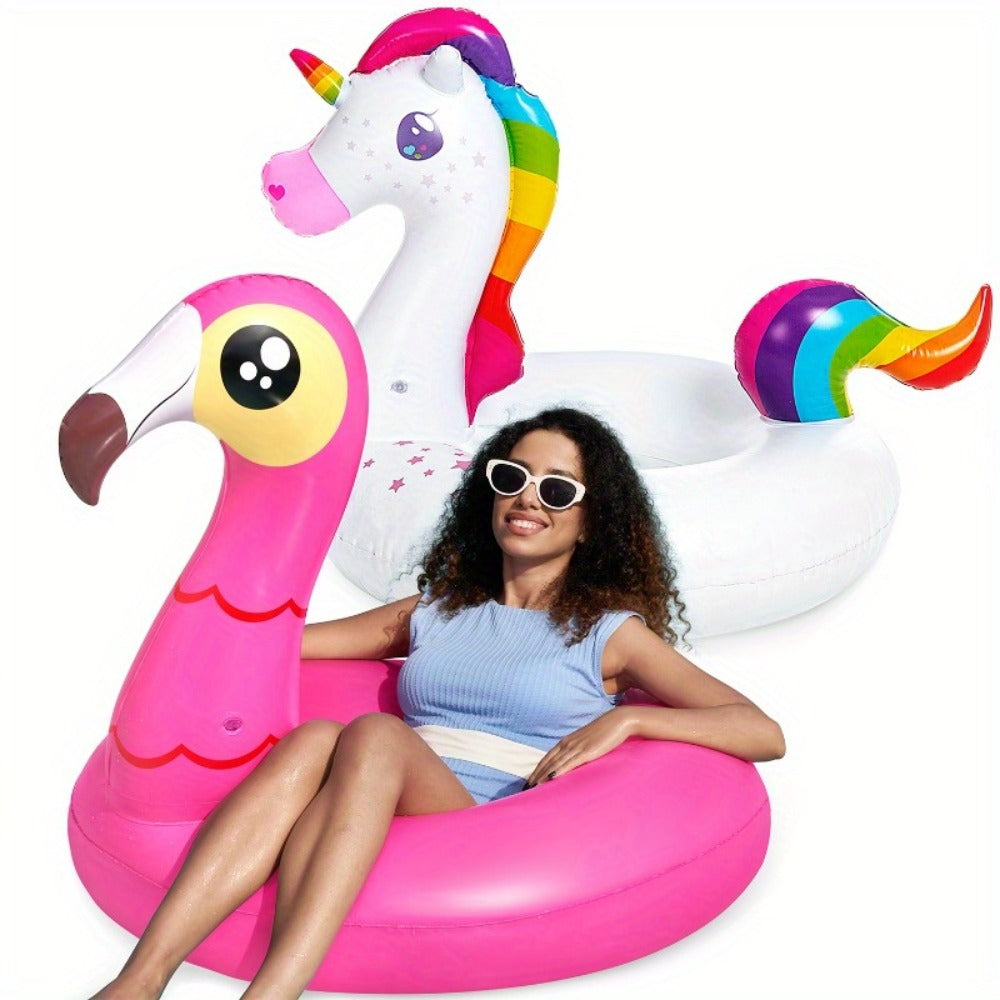 Pool Float Flamingo and Unicorn Ring Two-Pack, Approximately 40 Inches Wide with Pink and White Designs