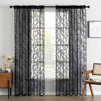 Two-Panel Floral Lace Window Curtain Set with Rod-Pocket Top, Three Colors and Six Metric Size Options