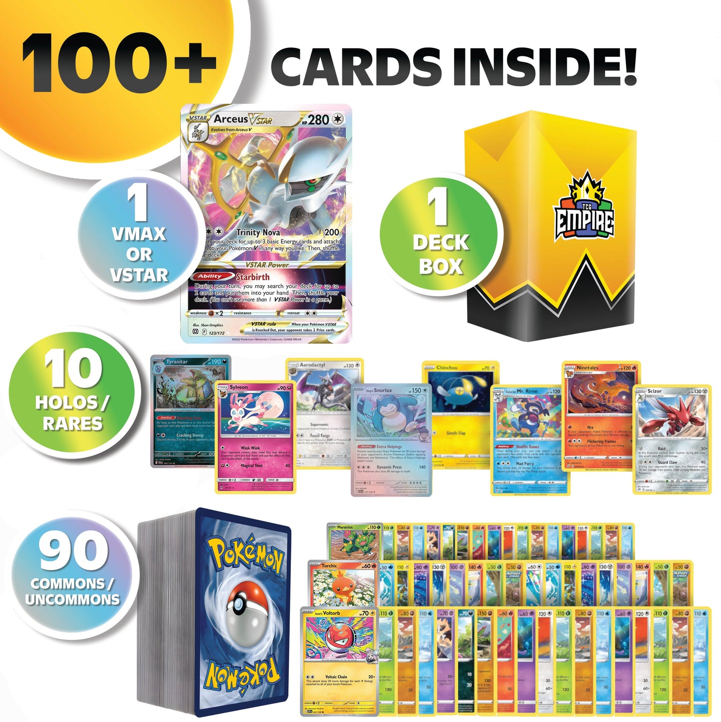 Trading Card Game 100-Card Character Assortment with Mixed Artwork and Included Yellow Storage Box