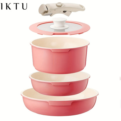 Nonstick Cookware Set 5-Piece Detachable Handle Aluminum Pots and Pans – Space-Saving Stackable Induction Compatible | 8 & 10 Inch Frying Pan Soup Pot Universal Lid | White Pink Beige Coral Pink