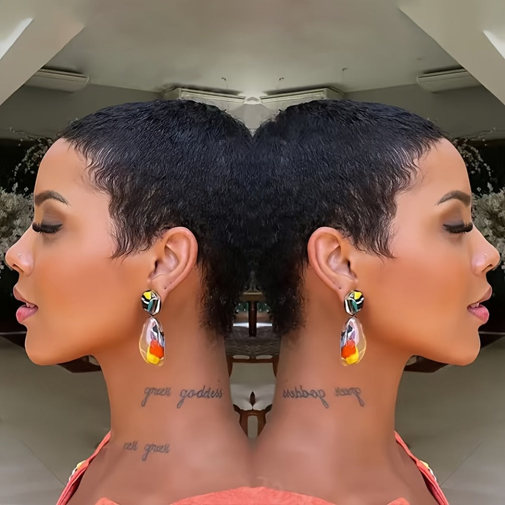 Deep Wave Pixie-Cut Human Hair Wig with Bangs and Short Full Cap in a Black 4-Inch Hair Style