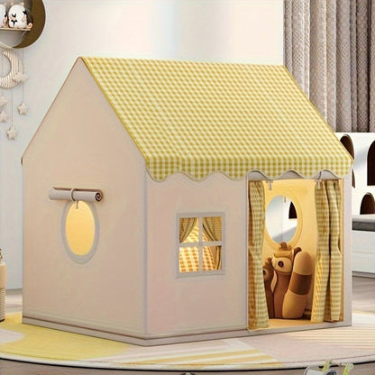 Checked Cabin Kids Play Tent in Pink, Khaki or Yellow with 130 x 120 x 100cm House Frame and Scalloped Roof