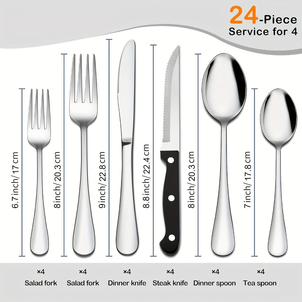 Stainless Steel Flatware Set with Steak Knives – 24/48 Piece Silverware Set Service for 4 or 8, Mirror Polished Cutlery, Dishwasher Safe, Silver & Black