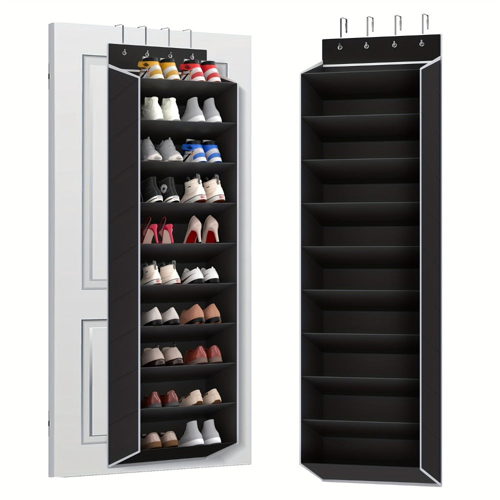 Shoe Rack 10-Tier Space-Saving Over-the-Door Organizer for Up to 20 Pairs with 4 Metal Hooks in Gray