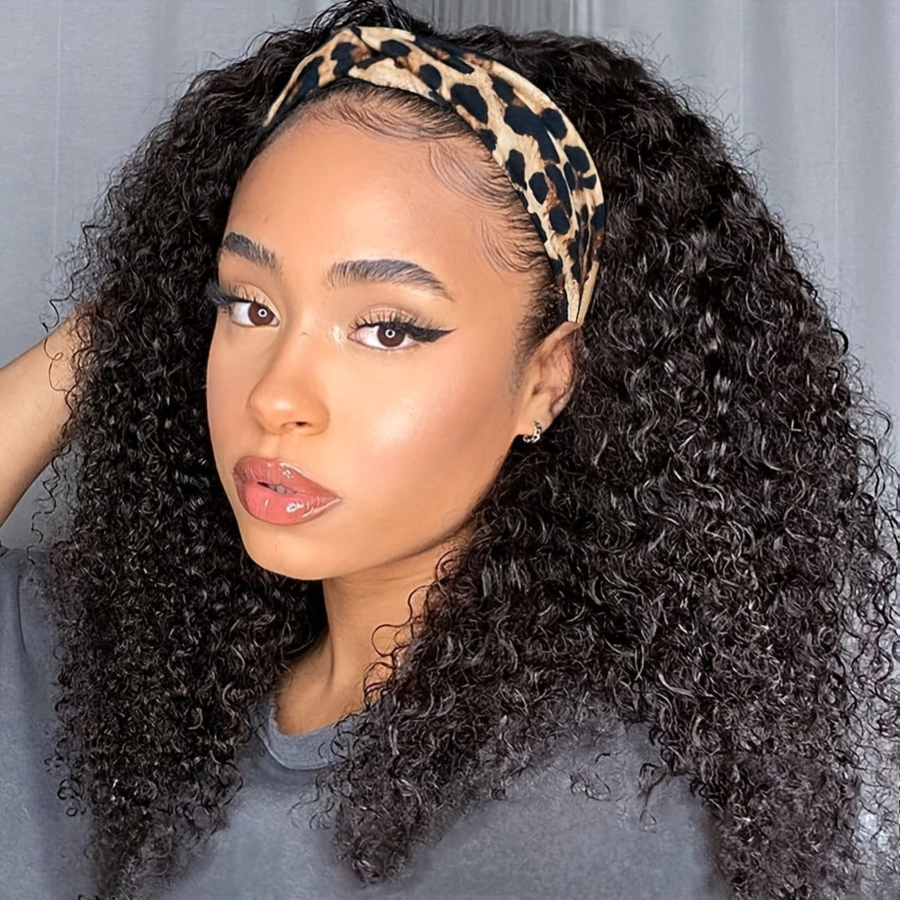 Kinky Curly Headband Human Hair Wig in Natural Color with 14-, 16- or 20-Inch Length Options