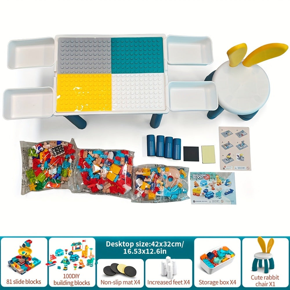 Kids Building Block Table & Chair Set with Storage Boxes – 16.5" x 12.6" All-in-One ABS Brick Play Activity Station for Toddlers Boys & Girls, Best Birthday Christmas Holiday Gift Ages 3+