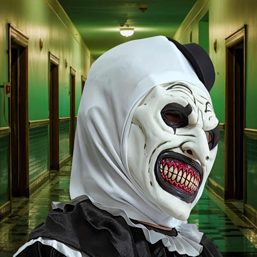 White Horror Clown Costume Mask with Full-Head Latex-Style Hood, Red Teeth and Attached Black Hat
