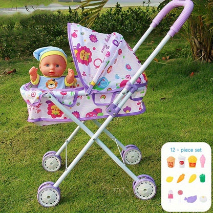 11-Inch Baby Doll and Folding Stroller Playset with 12 Food Accessories in Pink or Purple Color Options