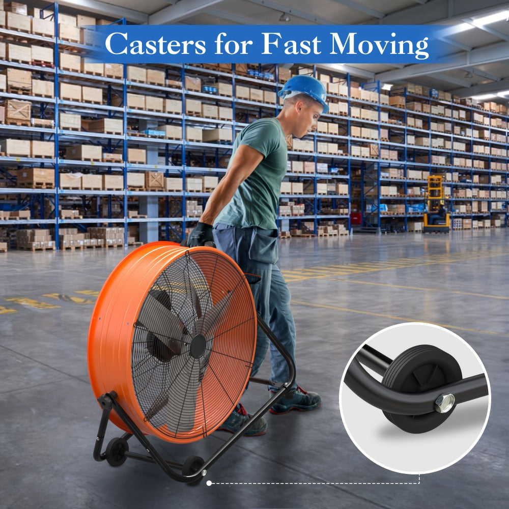 Industrial Drum Floor Fan with Three Speeds, Tilt Frame and 24- or 30-Inch Black, Orange, Green or Yellow Options