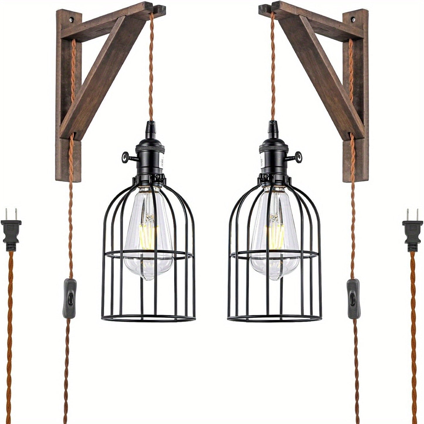 Plug-In Cage Wall Sconce with Wooden Bracket, 250 cm Cord and Single or Two-Piece Farmhouse Options
