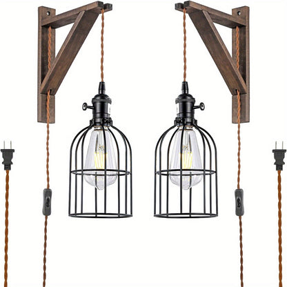 Plug-In Cage Wall Sconce with Wooden Bracket, 250 cm Cord and Single or Two-Piece Farmhouse Options