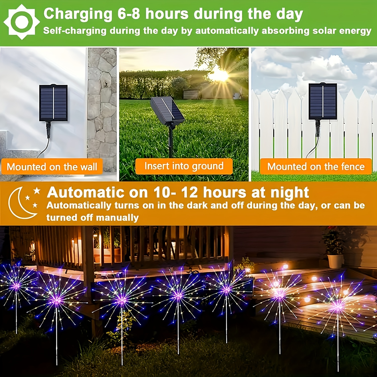 Solar Fireworks Lights 480 LED 8-Pack, IPX4 Waterproof 8 Modes