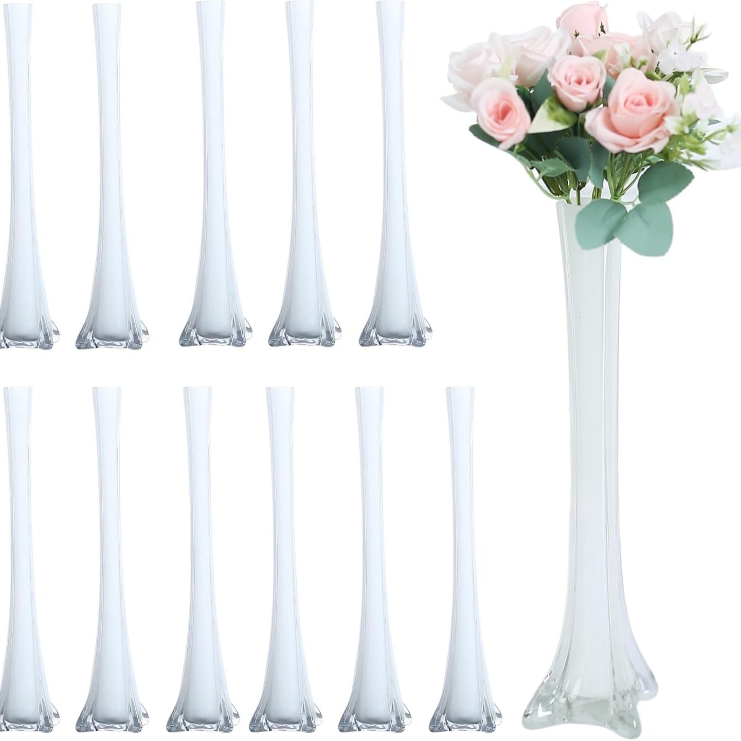 Eiffel Tower Vase Pack of 12 – Tall Glass Flower Vases for Wedding Centerpiece, Event Table Decor, Floral Arrangements & Party Decoration, Clear Black White, 12" 16" 20" 24" Sizes