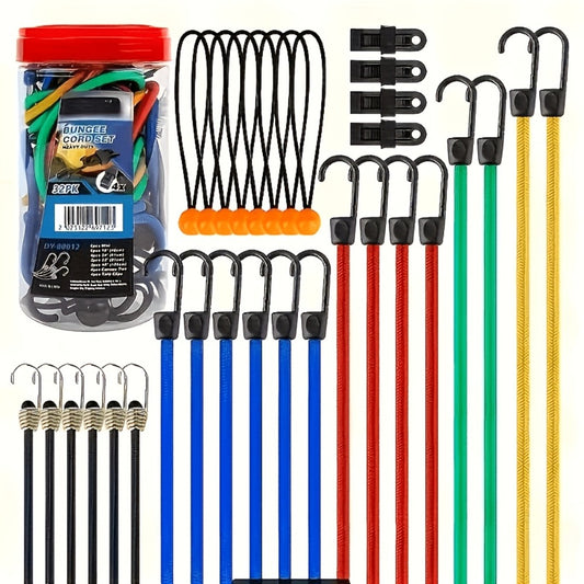 Bungee Cord Set 32 Pack Heavy Duty - Elastic Tie Down Cords in 10 18 24 40 Inch Lengths, 4 Sunshade Clips & 6 Ball Bungees, Mixed Color Outdoor Cargo Strapping Kit