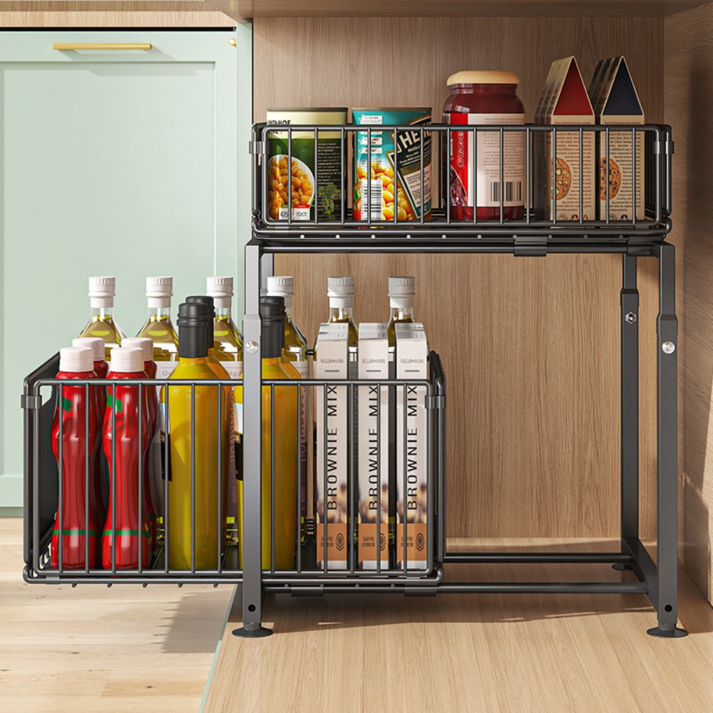 Under Sink Organizer 2-Tier Slide Out – Heavy Duty Metal Cabinet Shelf, Adjustable Space-Saving Storage Rack for Kitchen & Bathroom Cabinets, Pull Out Drawer Organizer