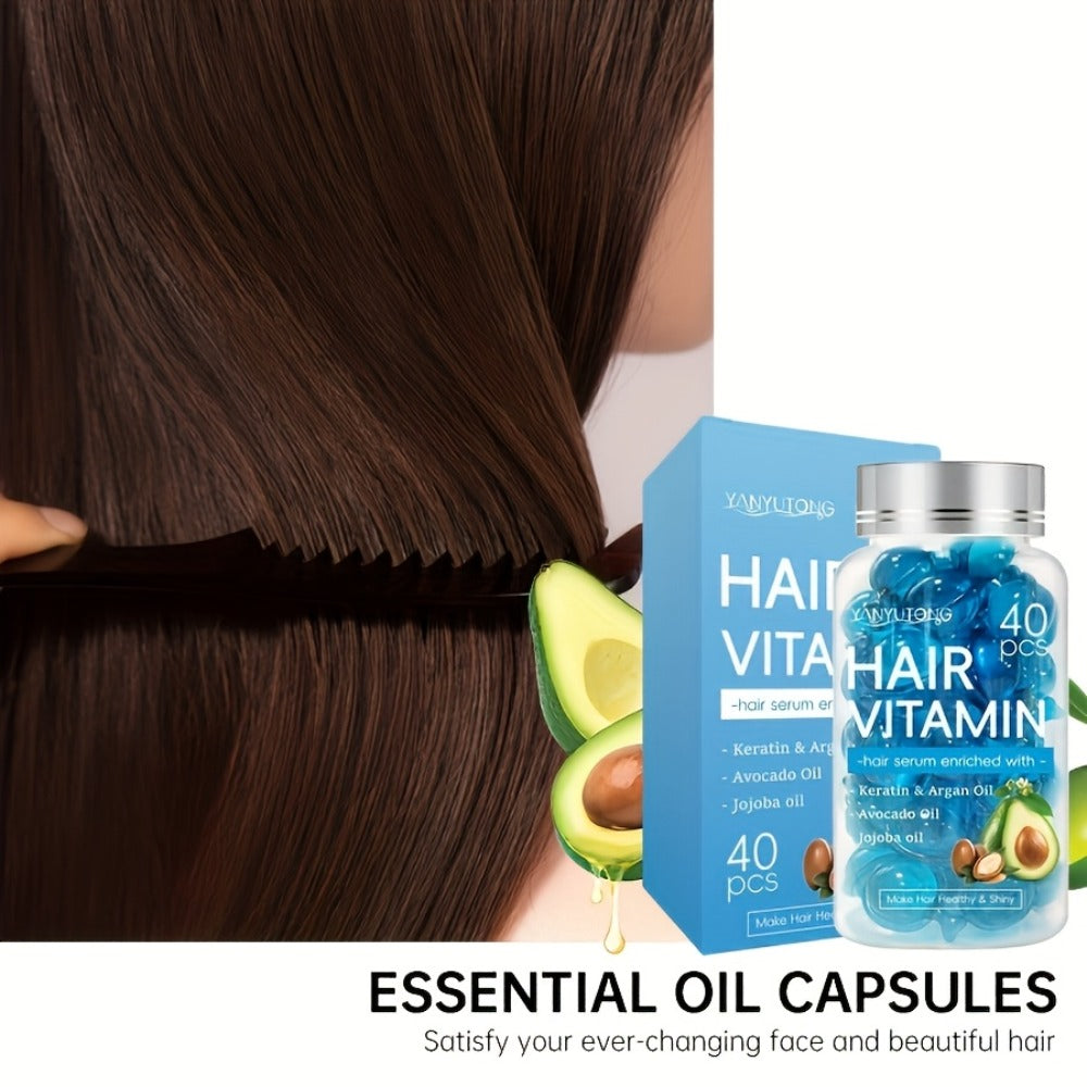 Hair Oil Capsules 40pcs — Keratin Hair Vitamin Essence with Moroccan Argan Oil, Avocado Oil & Jojoba Oil | No-Rinse Deep Nourishing & Smoothing Treatment for Frizz Control & Shine | All Hair Types