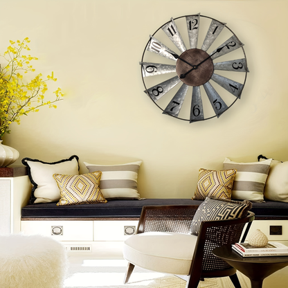 24 Inch Farmhouse Wall Clock Large Vintage Metal Windmill Blade Galvanized Analog Clock Battery Operated Silent for Living Room Kitchen Bedroom Porch