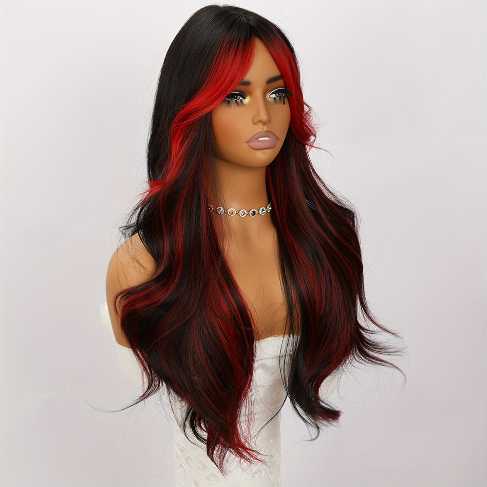 Synthetic Wig 24-Inch Straight Style with Red Highlights, A-Shape Bangs and Adjustable Rose Net Cap