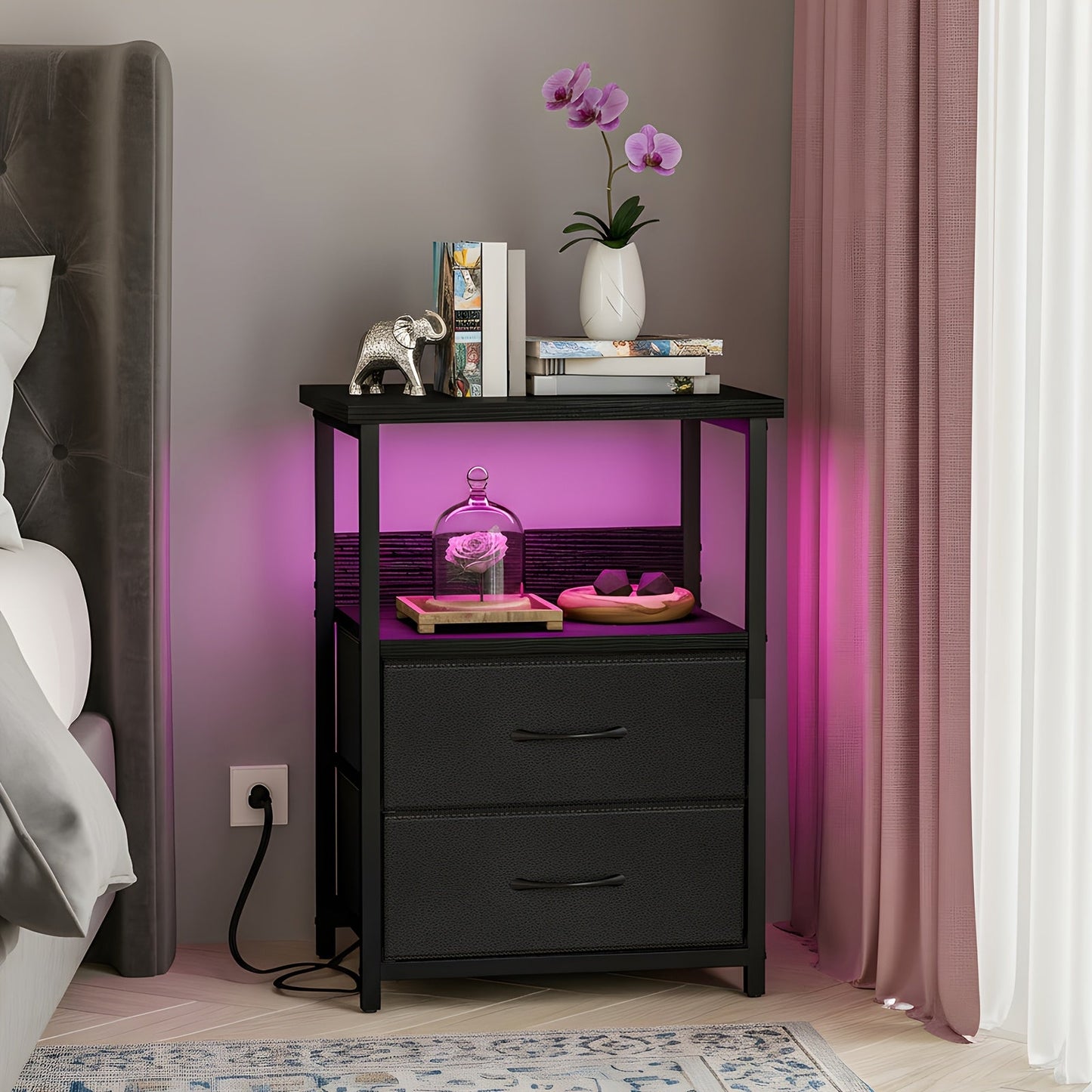 Nightstand Two Fabric Drawers with Charging Station, LED Accent Light and PU or Clear Desktop Options