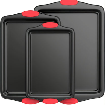 Three-Pan Gray Baking Sheet Set or Nine-Piece Kit with Six Utensils and Red Silicone Grips