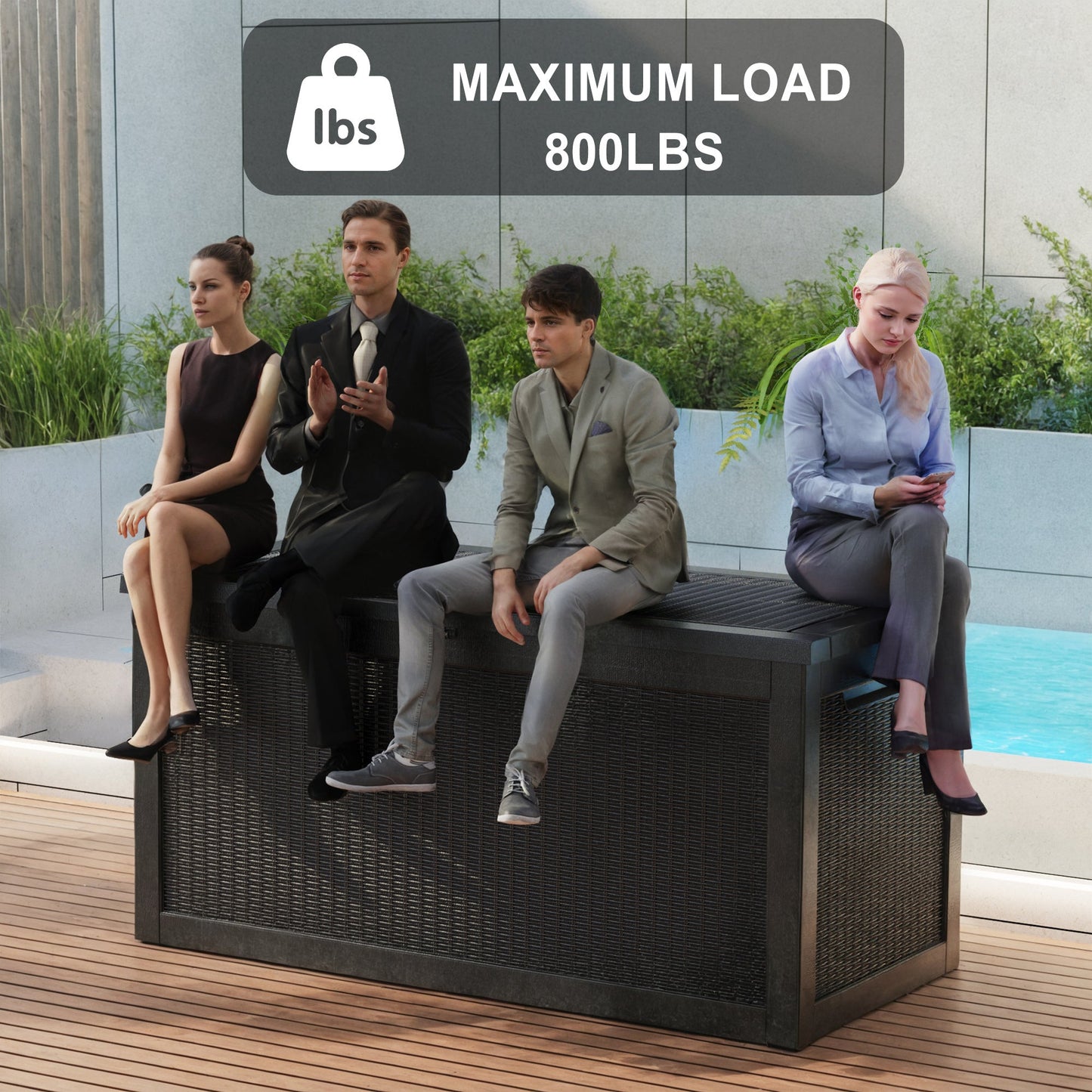100-Gallon Rattan-Style Outdoor Deck Box with Lockable Lid, Lift Supports and Black Finish