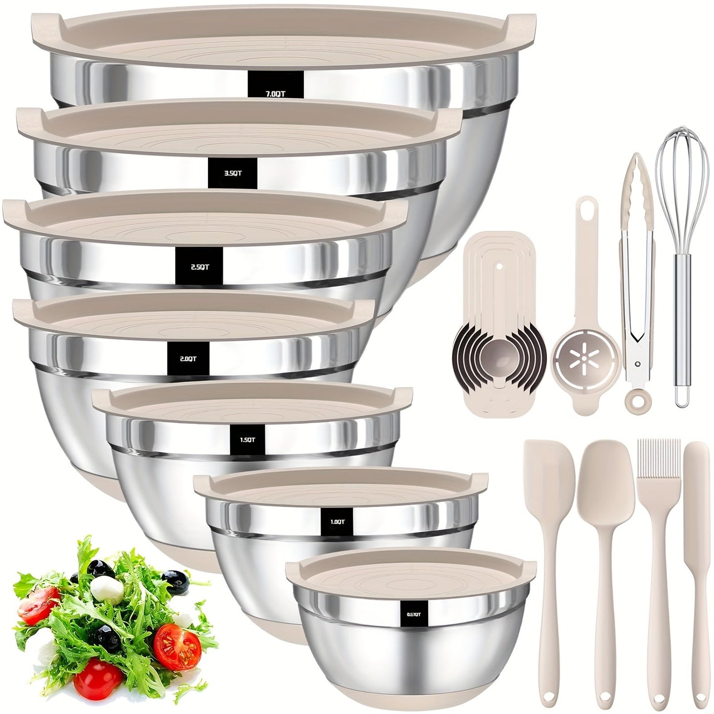 Seven-Bowl Nesting Mixing Set with Lids, Kitchen Tools and Multicolored, Black, Gray or Khaki Options