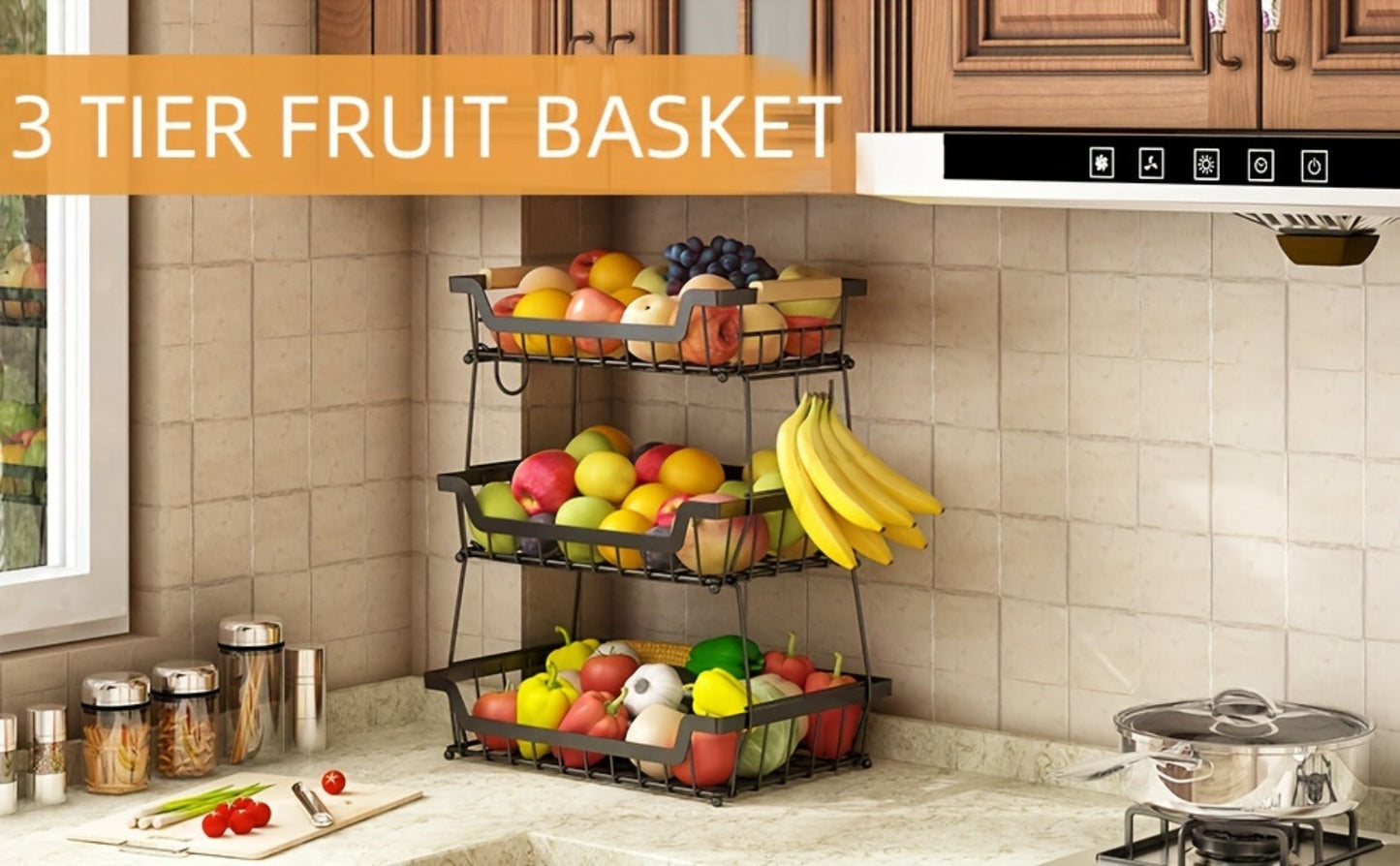 Two- or Three-Tier Black Wire Fruit Basket with Wood-Look Handle and Two Banana Hanger Hooks