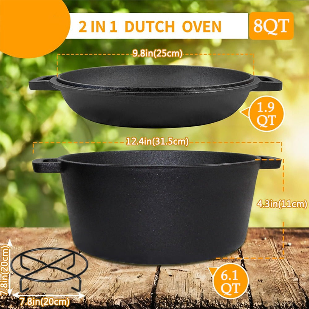 6-Piece Cast Iron Dutch Oven Set with 6.1QT Pot, 1.9QT Skillet Lid, Handle Covers, Support Frame and Scraper