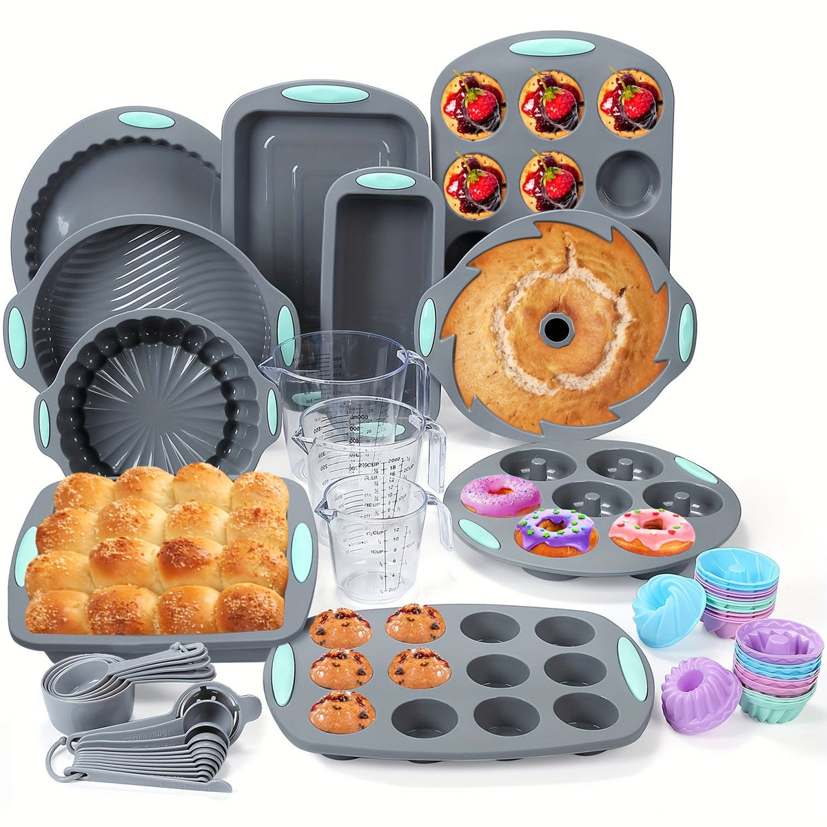 Silicone Bakeware Set with Cake Molds, Muffin Pan, Donut Pan, Baking Sheet, Baking Cups & Measuring Cups Spoons