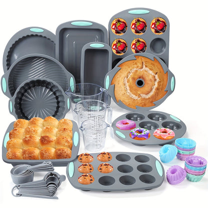 Silicone Bakeware Set with Cake Molds, Muffin Pan, Donut Pan, Baking Sheet, Baking Cups & Measuring Cups Spoons