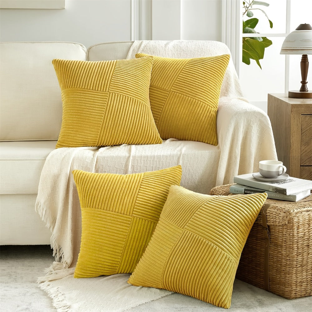 Four-Piece Corduroy Pillow Cover Set, 18 x 18 Inches with Striped, Panel and Pinwheel Textures
