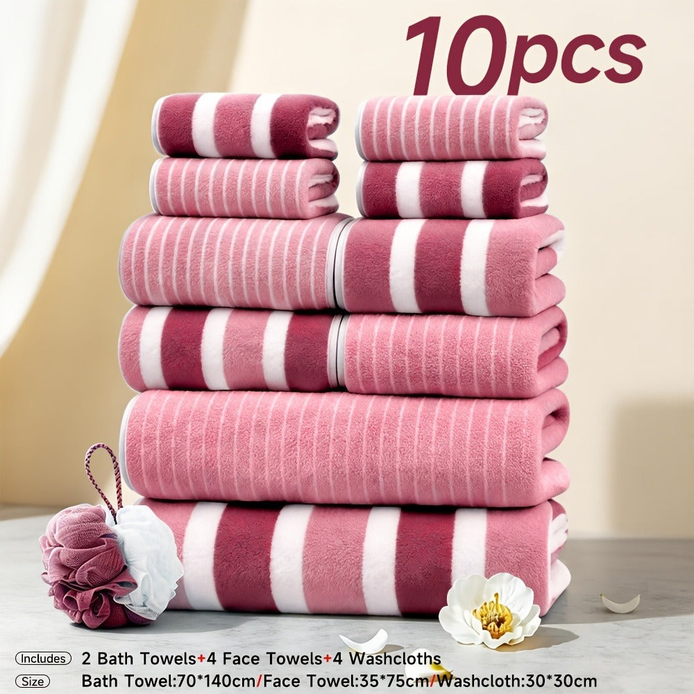 Towel Set 1, 3 or 10 Piece Polyester Striped Options with Bath, Face and Hand Towels for Home and Guest Use
