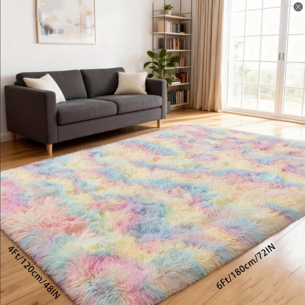 Area Rug, 4x6 Foot High-Pile Shaggy Indoor Carpet in Blue or Tie-Dye Rainbow Purple Color Options