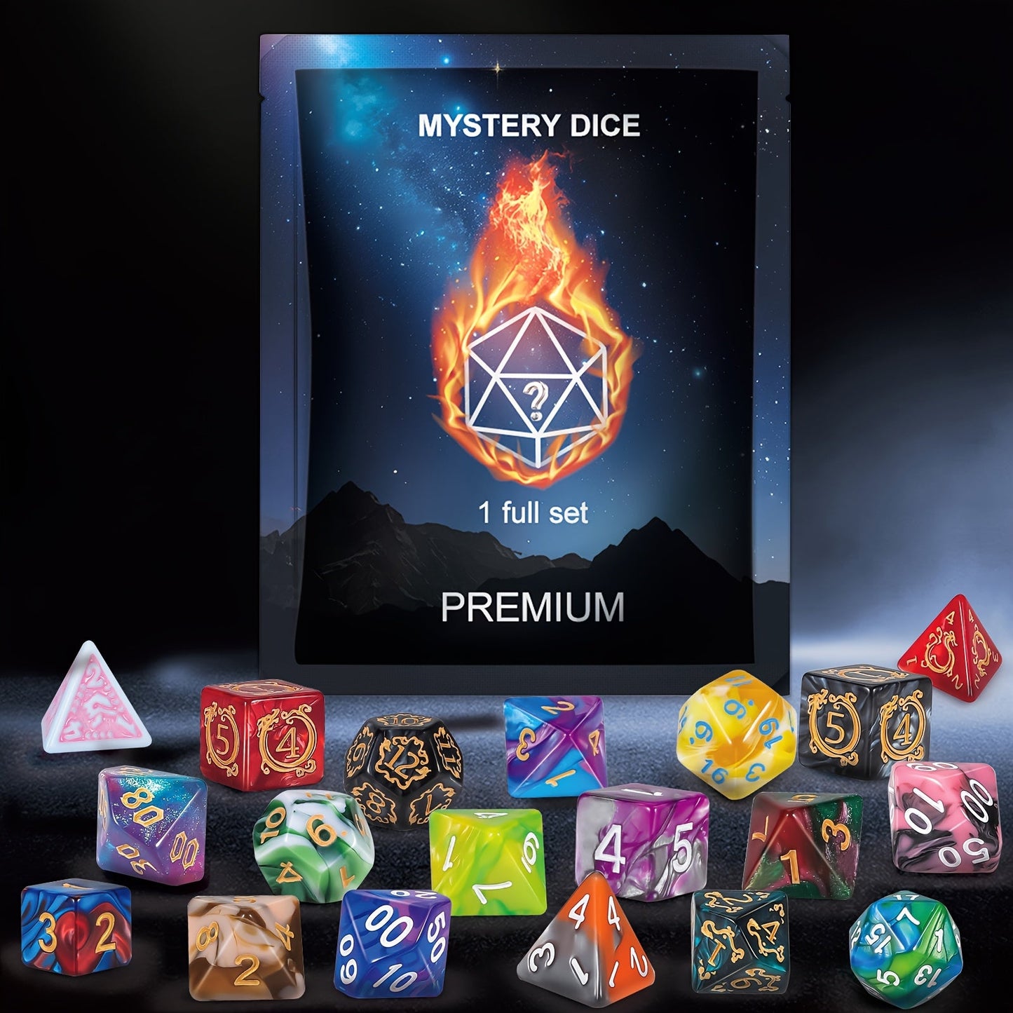 Mystery Seven-Piece Polyhedral Dice Blind Pack with Assorted Color and Pattern Surprise for Tabletop Games