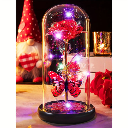 Glass Rose Crystal Flower in Glass Dome with LED Glow - Eternal Galaxy Rose Gift for Women, Mom, Wife, Daughter, Birthday Valentine's Day Mother's Day Gift, Butterfly Decor