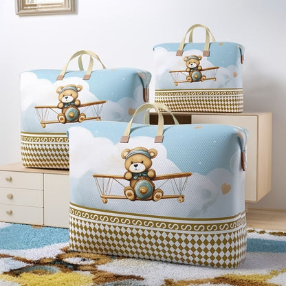 Large Zippered Bedding Storage Bag with Airplane Bear Print, Carry Handles and Exact One-Piece Size Option