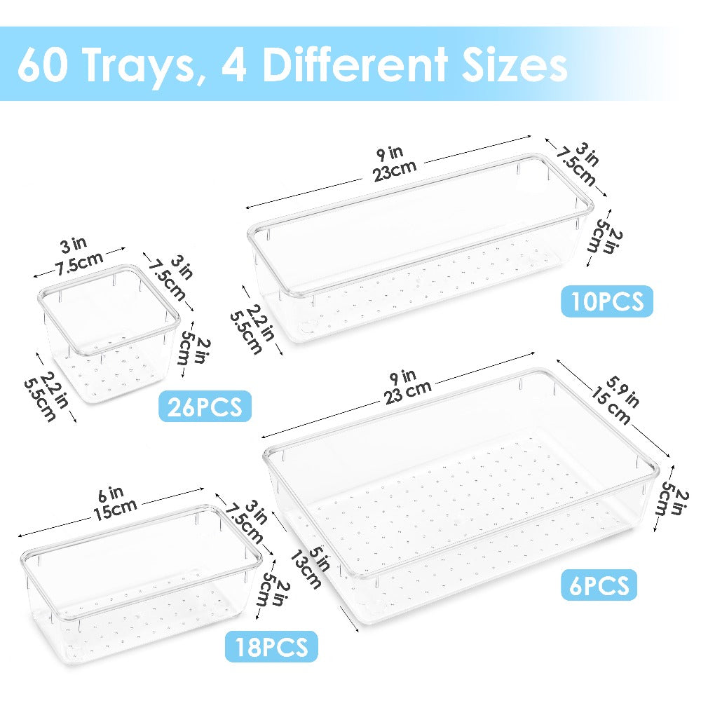 Drawer Storage Organizer Set 60-Piece Clear Plastic Bins in Four Sizes for Desk, Kitchen or Office