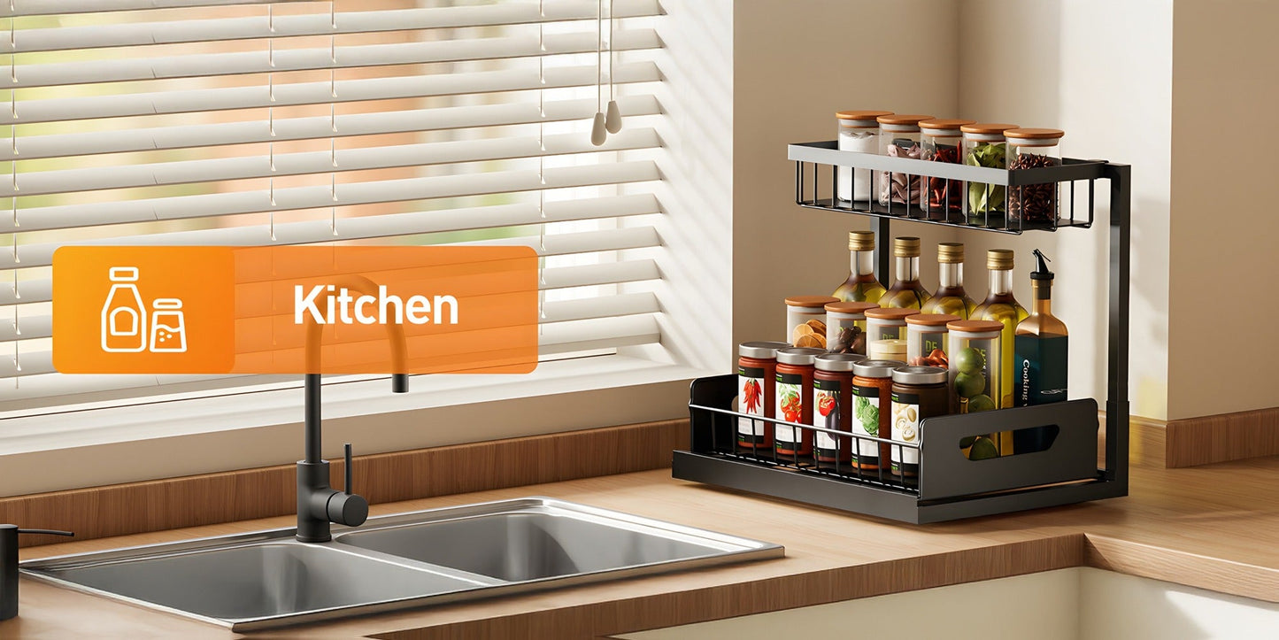 Two-Tier Pull-Out Cabinet Organizer with Upper and Lower Sliding Trays in Grey, Black or White Package Options