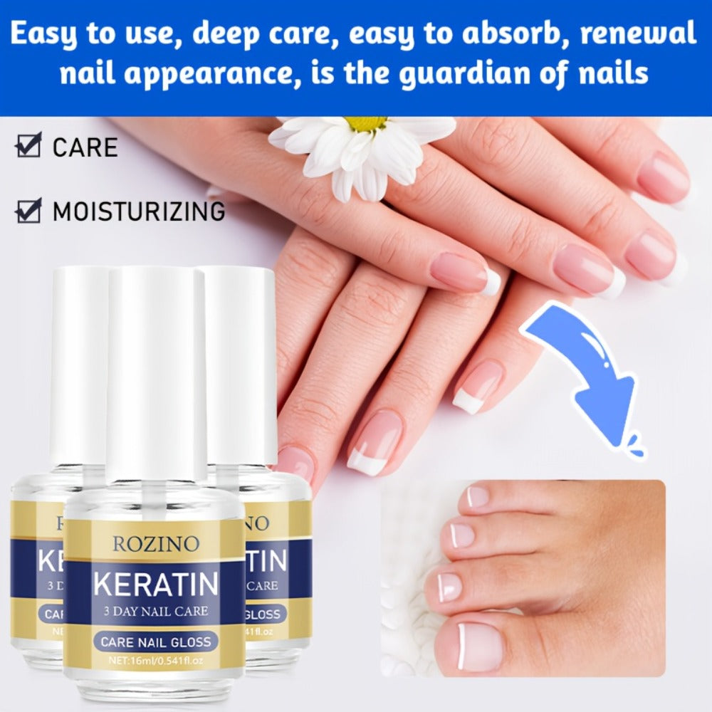 Three-Piece Keratin-Labeled Nail Care Gloss Set in Clear Bottles for Fingernail and Toenail Application