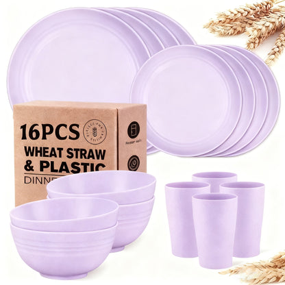 Wheat Straw Dinnerware Set 16 or 32 Piece – Plates & Bowls for 4 or 8 People, Microwave & Dishwasher Safe Plastic Dish Set, Lightweight Colorful Tableware for Home, Party & Holiday
