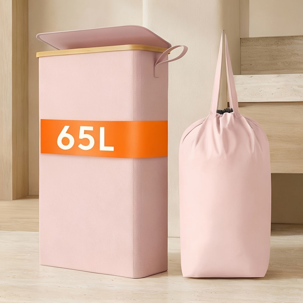 Slim Laundry Hamper with Lid & Removable Bag – Foldable Narrow Clothes Basket with Bamboo Handles for Bathroom, Bedroom & Dorm – 50L / 65L / 75L Space-Saving Collapsible Laundry Bin