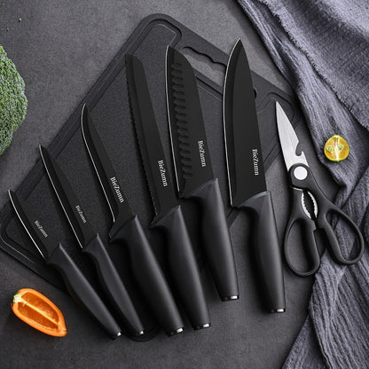 Black Kitchen Knife Set with Three-Piece or 14-Piece Options, Storage Block and Scissors on Larger Package