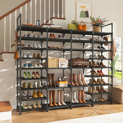 Shoe Rack 4-Row 9-Tier Metal Organizer for Up to 64 Pairs with Modular Black Freestanding Design
